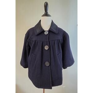 Marc Jacobs 100% Wool Navy 3/4 Sleeve Crop Jacket Coat W/ Black Satin Trim M